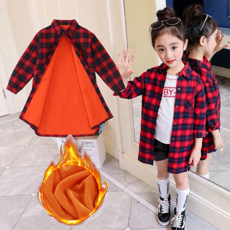 Blusas a cuadros para niñas, camisas gruesas y cálidas para niños, ropa de de invierno para niñas, ropa de Navidad para niños, Camisa de algodón de terciopelo