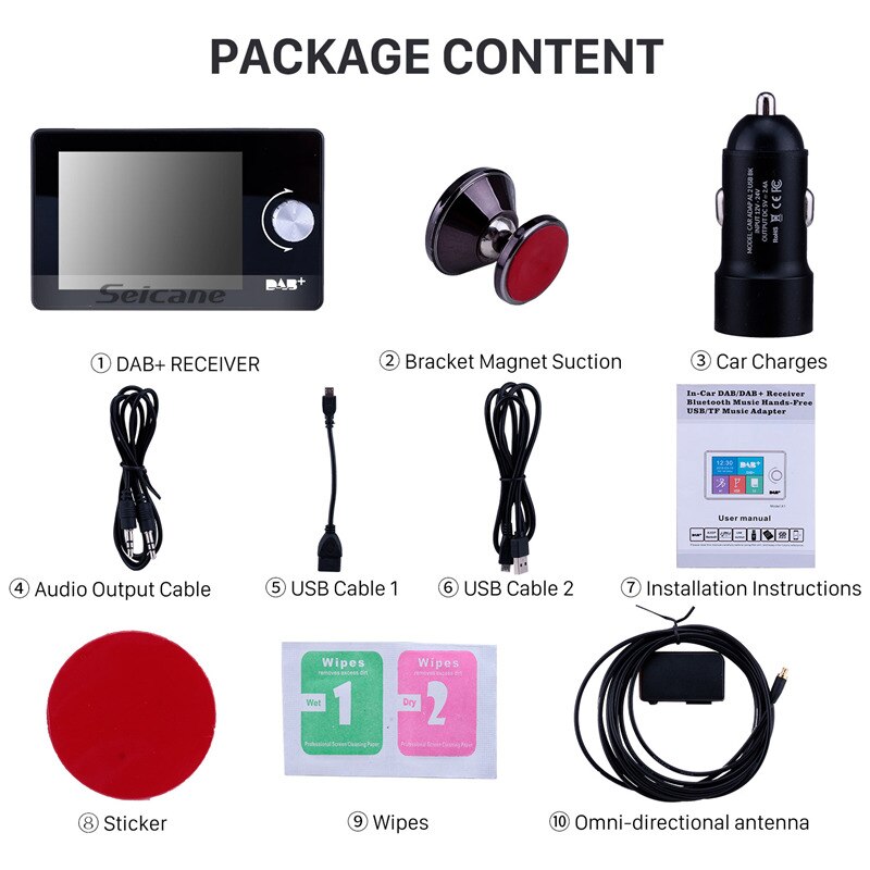 Seicane Auto 2.8 "In-Car DAB/DAB + Ontvanger Bluetooth Muziek Handsfree USB/TF muziek Adapter met true kleur TFT-LCD scherm Zwart