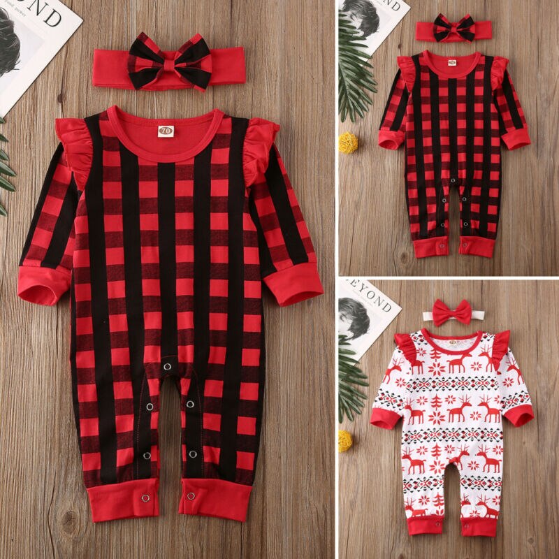 Herfst herfst kerst babymeisje geruite hertenprint romper jumpsuit kerst geruite destival kledingset