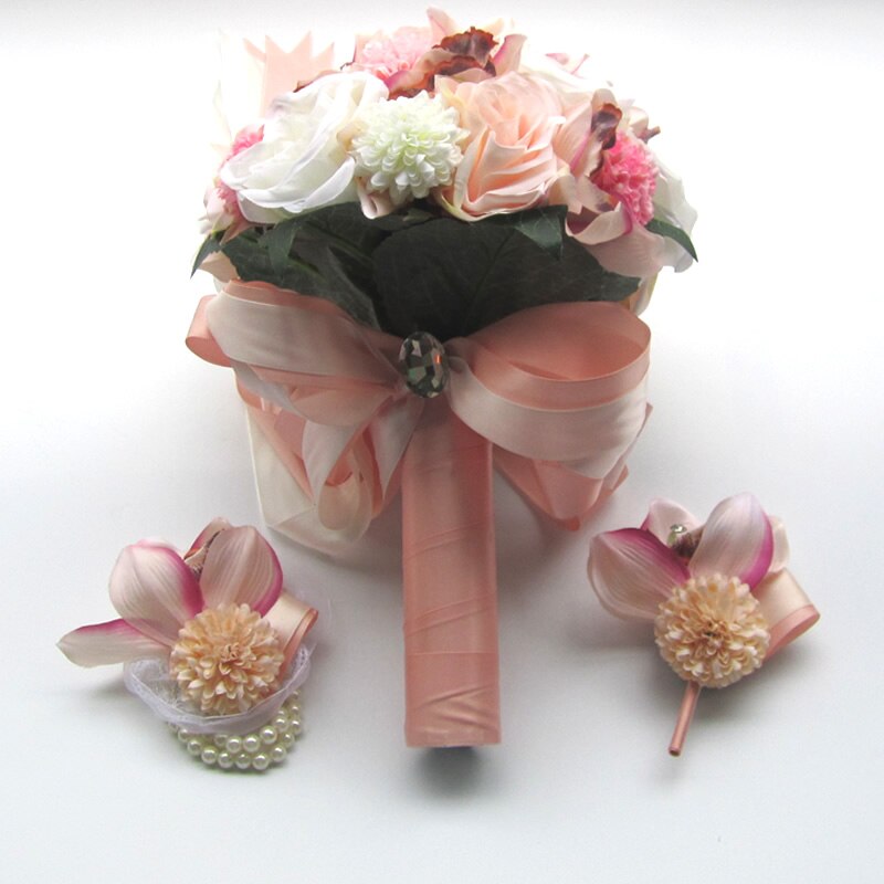 Kyunovia soie mariage Bouquet fleurs mariage souvenir Bouquet mariée Bouquet corail Rose et Rose hortensia mariage Bouquet FE36: 3PCs SET Champagne