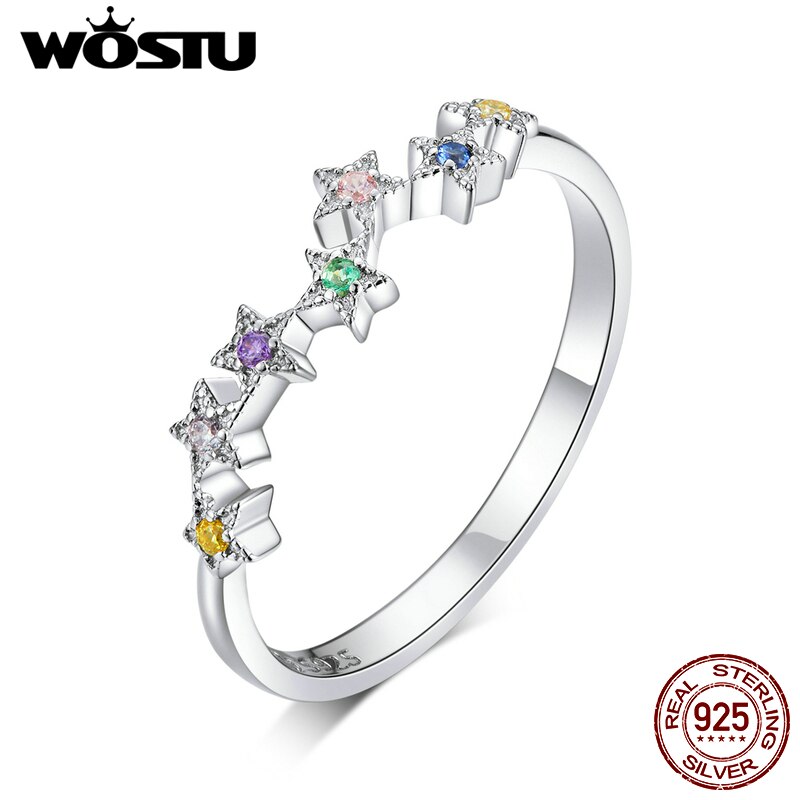 925 Sterling Silber Ringe WOSTU Neue Stapelbar Bunte Sterne kubisch Zirkon Frauen Finger Ring für Frauen Schmuck FNR133