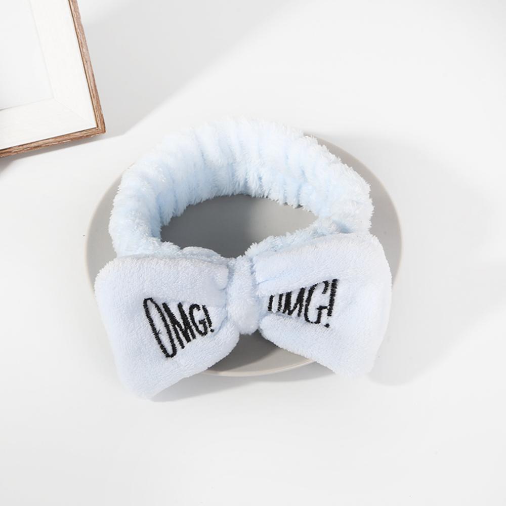 Soft OMG Letters Coral Fleece Wash Face Mix Color Bow Hair bands Clips For Women Girls Headbands Hair Styling Tool: 01 light blue
