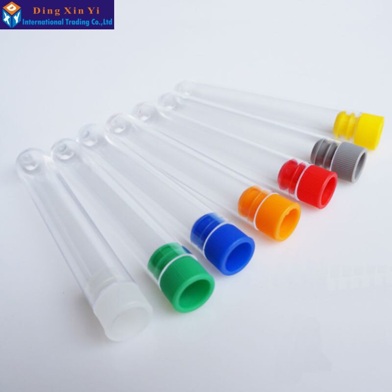 50pcs/lot 13*100mm High transparency plastic test tube with plug hard plastic tube polystyrene test tube The color can choose