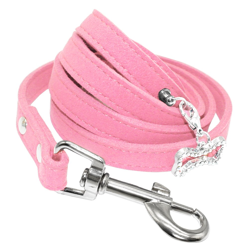 Zachte Suède Pet Hondenriem Katten Honden Wandelen Lead Touw Met Bling Strass Bone Hanger Huisdier Kat Kraag Riemen band: Roze