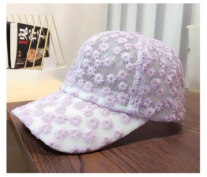 Uspop Baseball Caps Zomer Ademende Cap Geborduurde Bloemen Cap Ins Chrysant Kant Ademend Baseball Cap: Lavendel