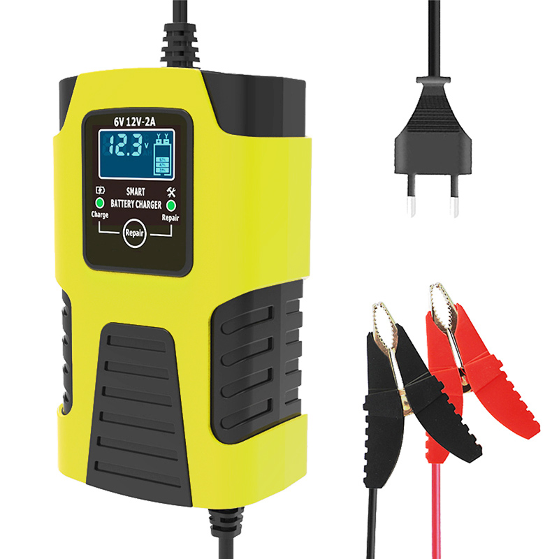 Automatische 2A 6V 12V Auto Acculader Lood-zuur GEL AGM Nat Calcium Deep Cycle VRLA Puls Reparatie met LCD Display: YELLOW