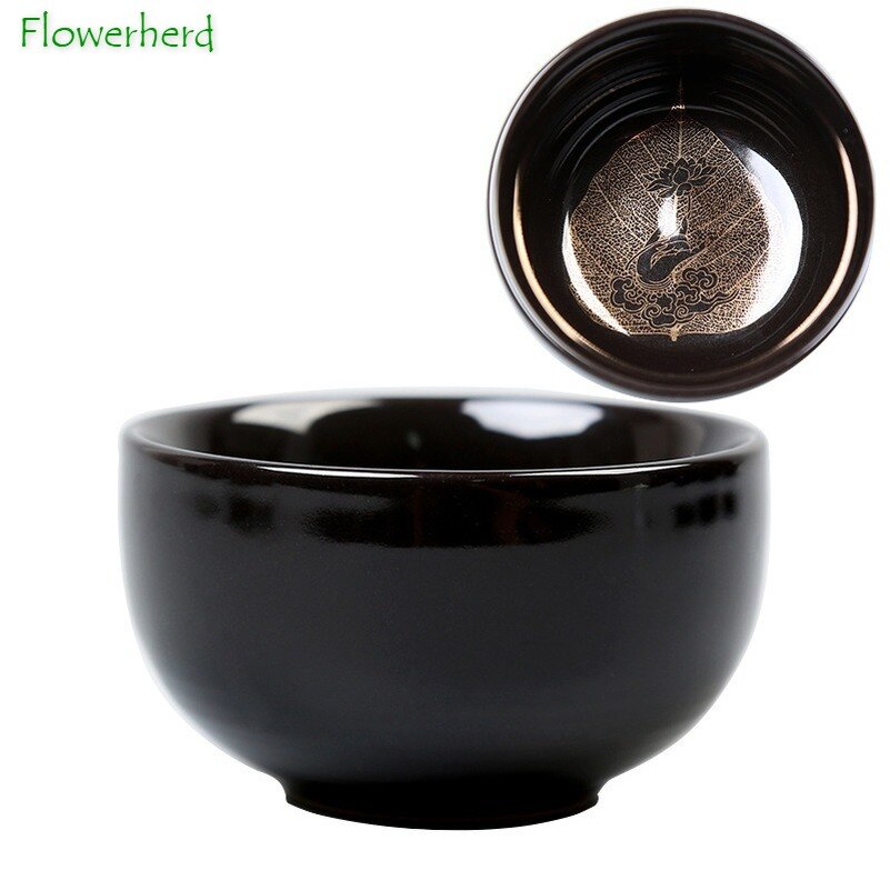 Tasse à thé créative en céramique noir Tianmu tasse à thé papier fleur d'or tasse à haute température avec ménage Kung Fu tasse à thé