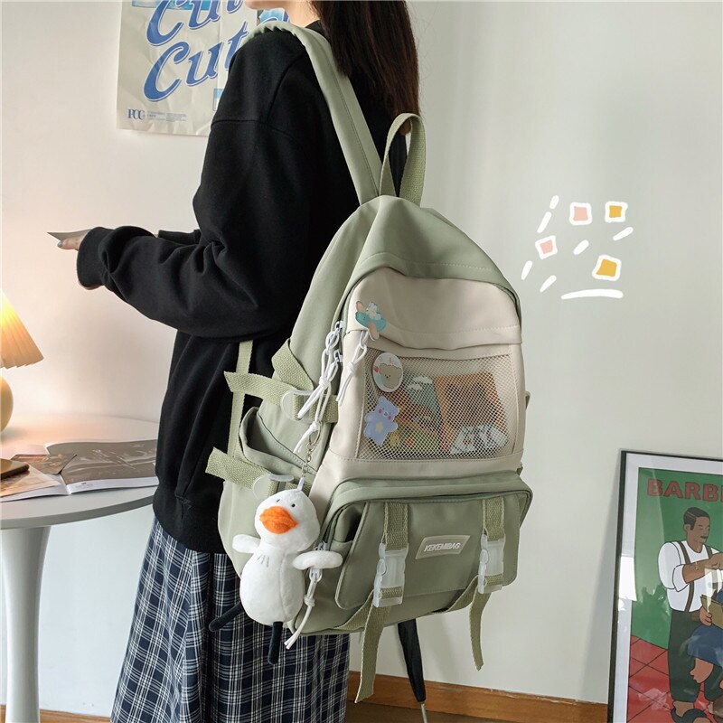 Koreanische Version von Harajuku Einfache Mädchen Student Schul Nylon Multifunktionale Rucksack Outdoor Reise Mochila Escolar: green / Has pendant