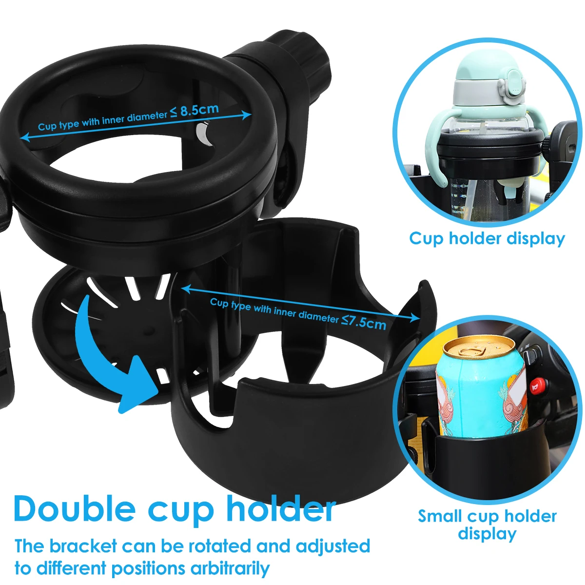 Kinderwagen Bekerhouder Universele Kinderwagen Waterflesstandaard 360° ° Roterende telefoonhouder Dubbel gat Babyauto's Organizer Cup Rack