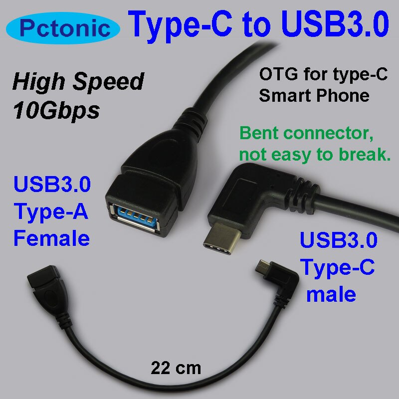 Cable USB 3,1 tipo C macho A USB 3,0 tipo A hembra OTG 90 grados ángulo recto USB-C torcido datos cortos OTG convertidor de doblado 22cm