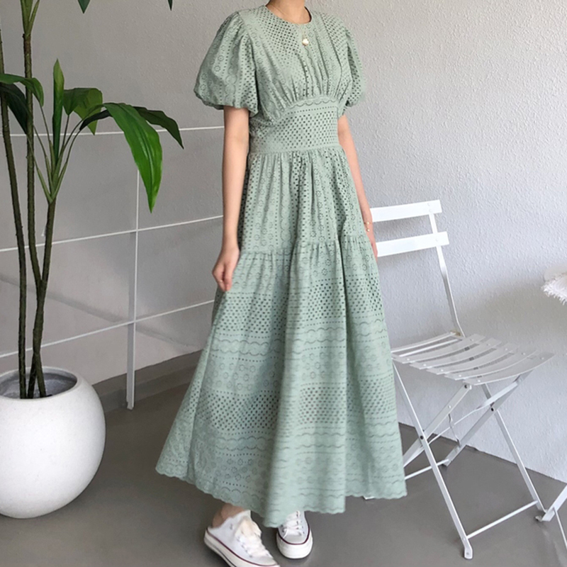 Sommer Frauen Strand Stil Solide max kleid O-ansatz Puff hülse Kleider hoch Straße Weibliche Vestidos INKEO 9D217: L / Grün