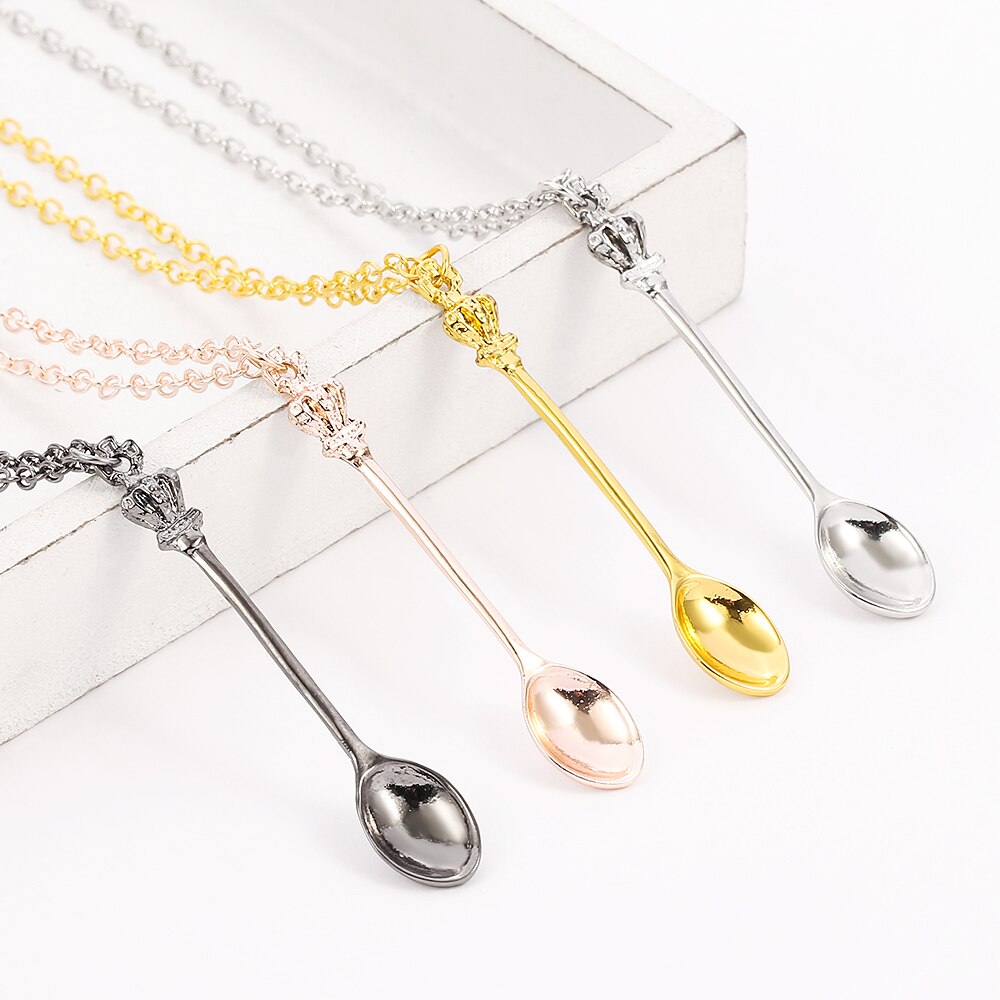 Goud Rose Goud Zwart Zilver Kleur Tone Snuff Mini Thee Crown Ketting Vintage Lepel Hangers Ketting Mini Lange Link sieraden