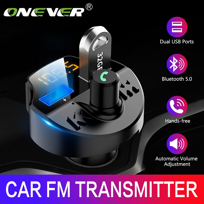 Onever Universal Car Fm Transmitter Bluetooth 5.0 Car Mp3 Player Modulator Adapter TF Card Hands-Free Dual USB Smart Chip