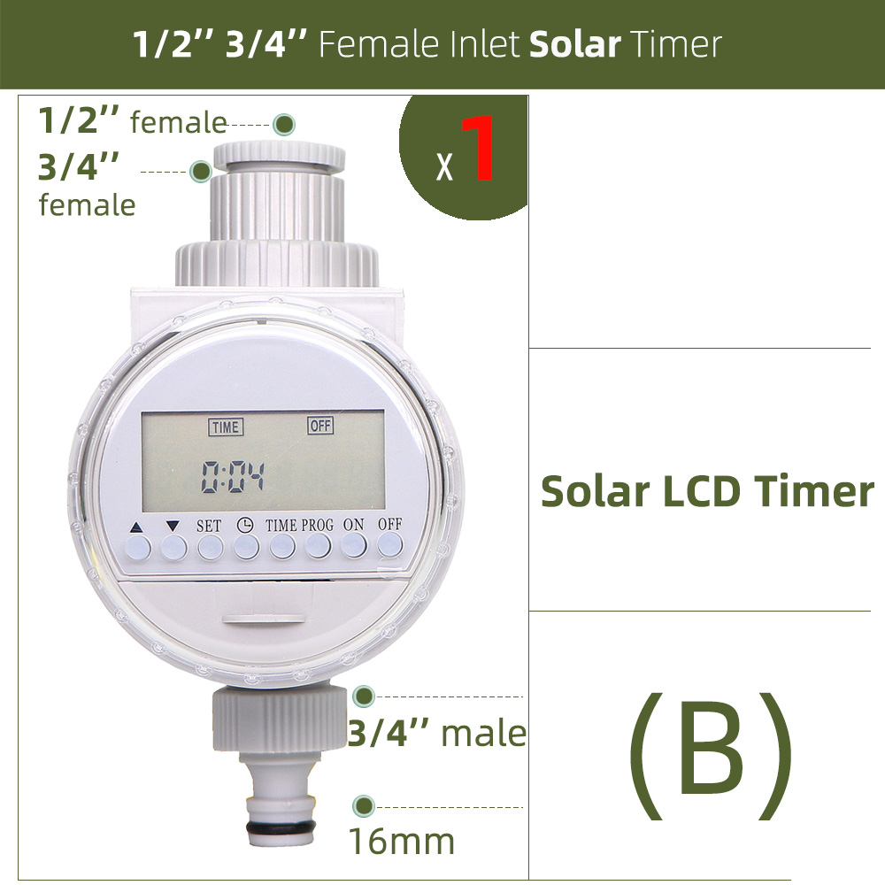 Garden Watering Timer Rain Sensor Solar LCD Double Dial Controller Watering Irrigation 1/2'' 3/4'' Tap Joint Solenoid Ball Valve: B-1PC