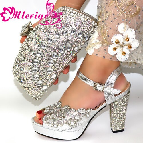 Italian Shoes With Matching Bags Set African Women's Party Shoes and Bag Sets green Color Women High Sandals And Handbag: Silver / 40