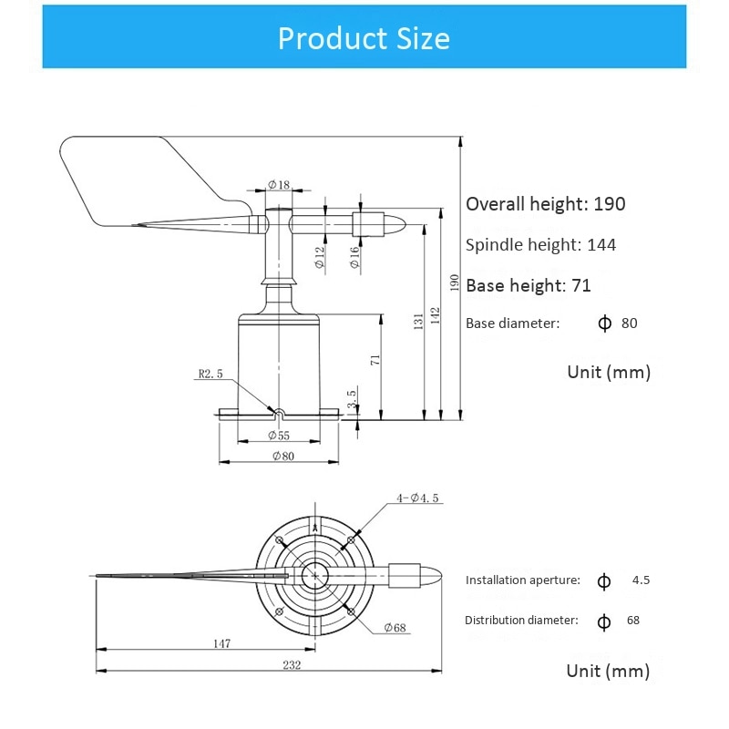 DC10-30V Wind Speed Sensor 4-20MA 8 Indication Direction Polycarbonate Wind Speed Sensor Anemometer Speed Measuring Tool