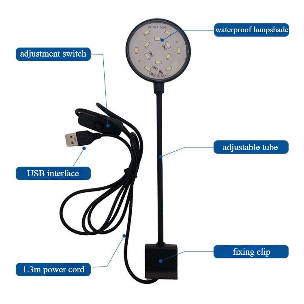 Klemmelampe for fisketank , 5/7w led-lamper, 3 farger, justerbar usb-strømforsyning, fullspektret vanntett lampe for små fisketanker, akvarielys