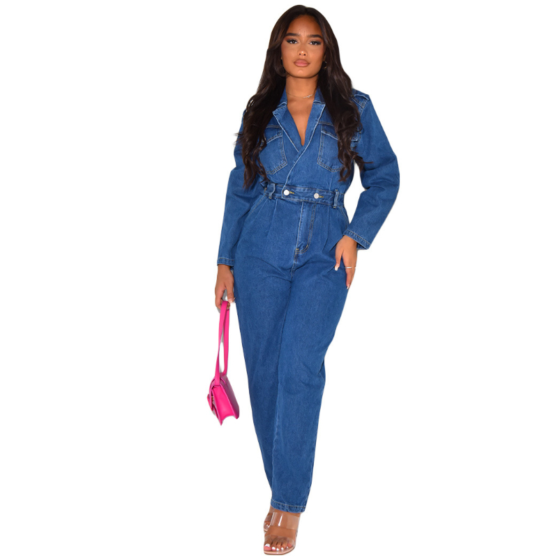 Demin overalls dame jumpsuits i ét stykke lange bukser med nedadgående krave, høj talje, streetwear,  y2k mom jeans, slim fit, sparkedragter: L