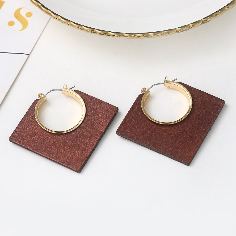 Pendientes de aro cuadrados de madera con formas geométricas para mujer, aretes de aro cuadrados de madera para mujer, joyería de de boda, Orecchino: es1064