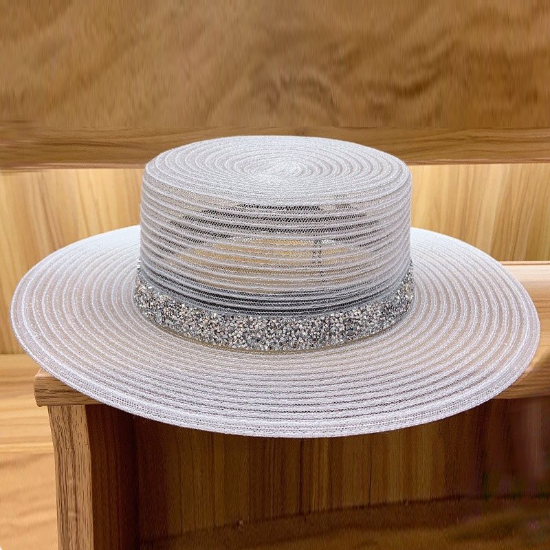 Klassieke Vrouwen Zon Hoeden Opvouwbare Ademend Wit Zwart Kerk Hoed Voor Dames Rhinestone Band Zomer Hoed Platte Schipper Strand Hoed