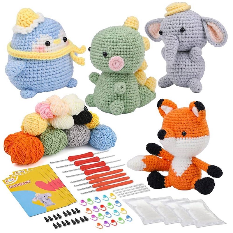 Kraball kit de animais de crochê para iniciantes com tutorial de vídeo, fio de tricô de algodão, agulhas, gancho, conjunto de ferramentas de malha, artesanato diy: Caqui