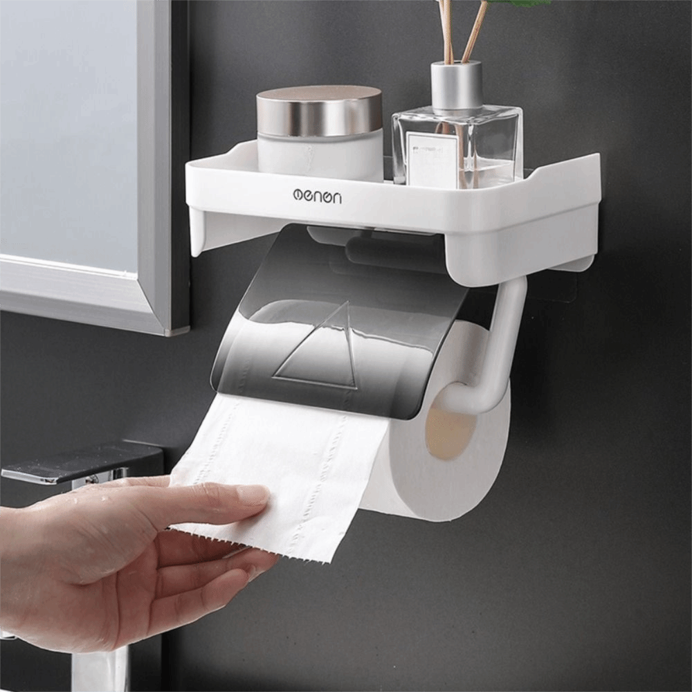 Plastic houder voor papieren handdoeken grijsblauw met plank Toiletrolhouder zonder perforatie Waterdichte tissue-dispenserplank