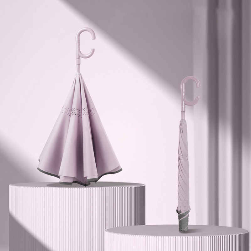 Ombrello inverso a doppio strato completamente automatico, ombrello a doppio strato, ombrello antivento a doppio scopo soleggiato e piovoso a manico lungo: Colore rosa