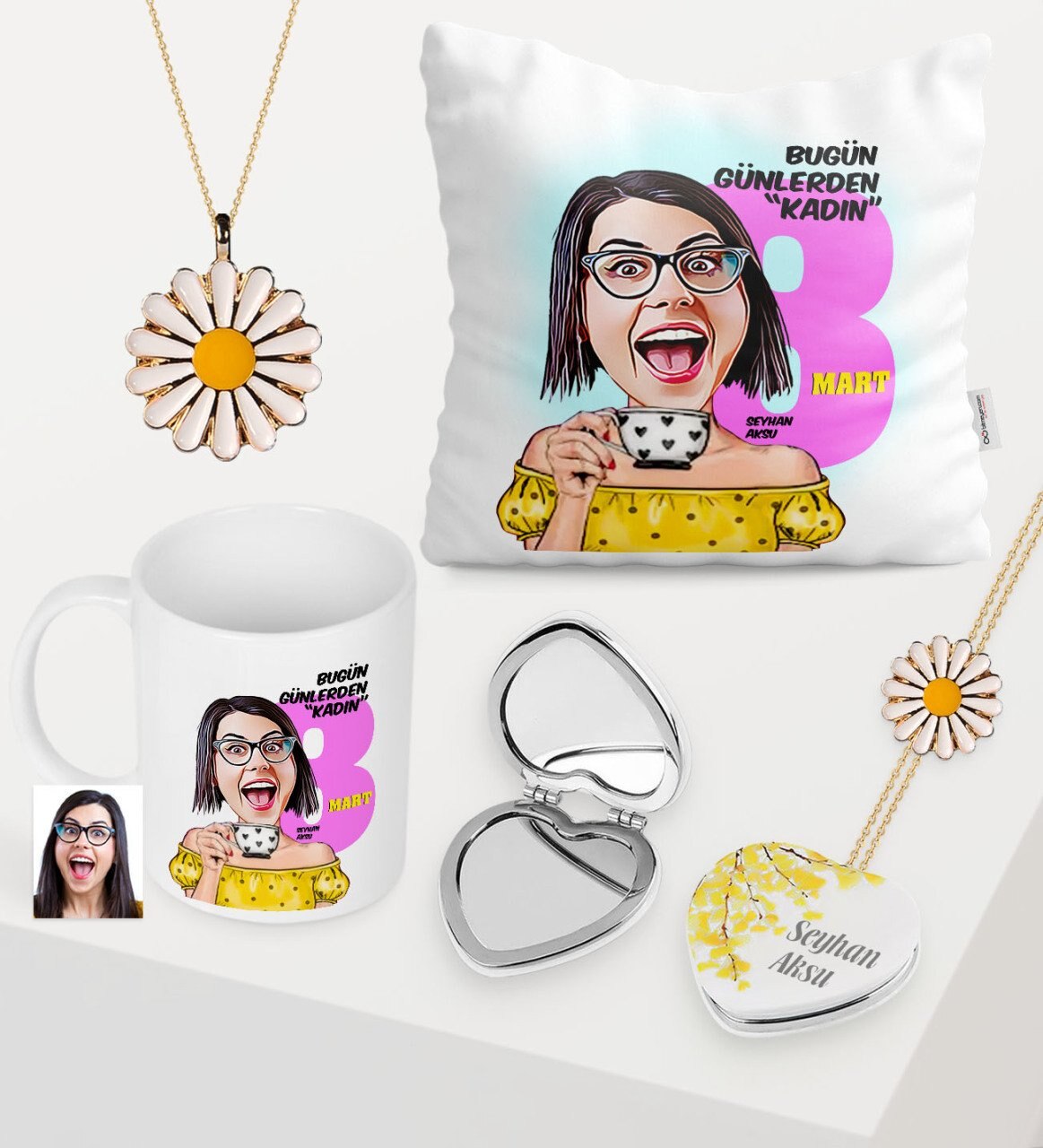 Vrouwen Custom Karikatuur Van Cup Bloemen Spiegel Kussen Daisy Sieraden Set-3: Default Title