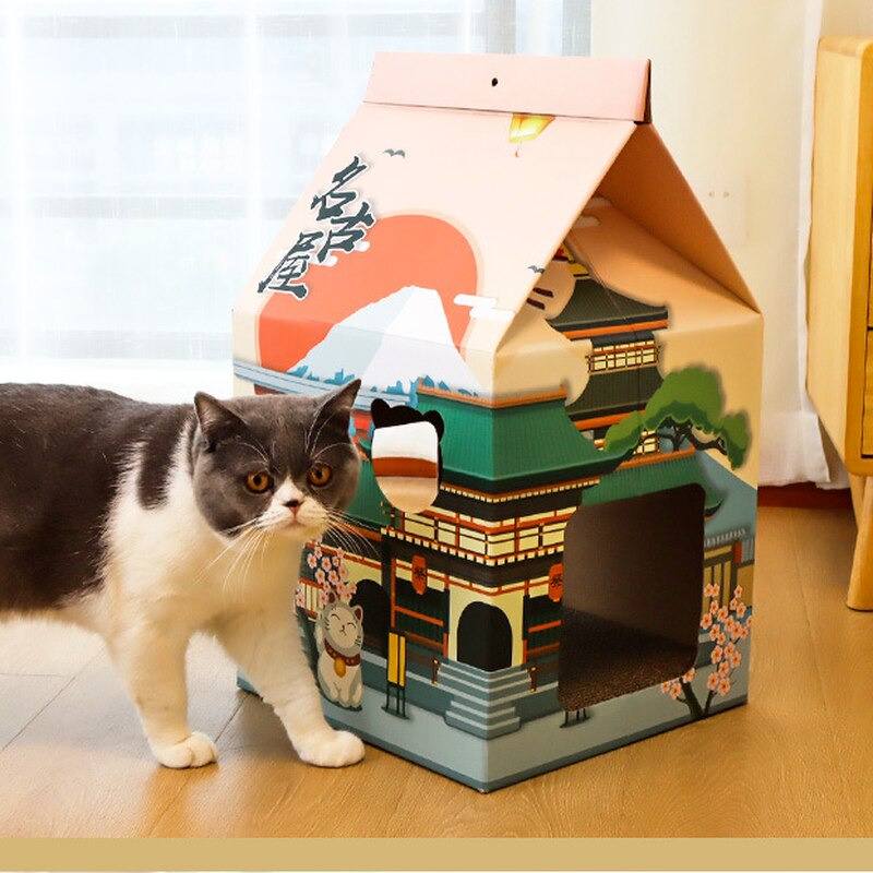 Boîte à lait en carton ondulé pour chat, jouet de lit pour chaton, mignon et tridimensionnel, fournitures pour animaux de compagnie