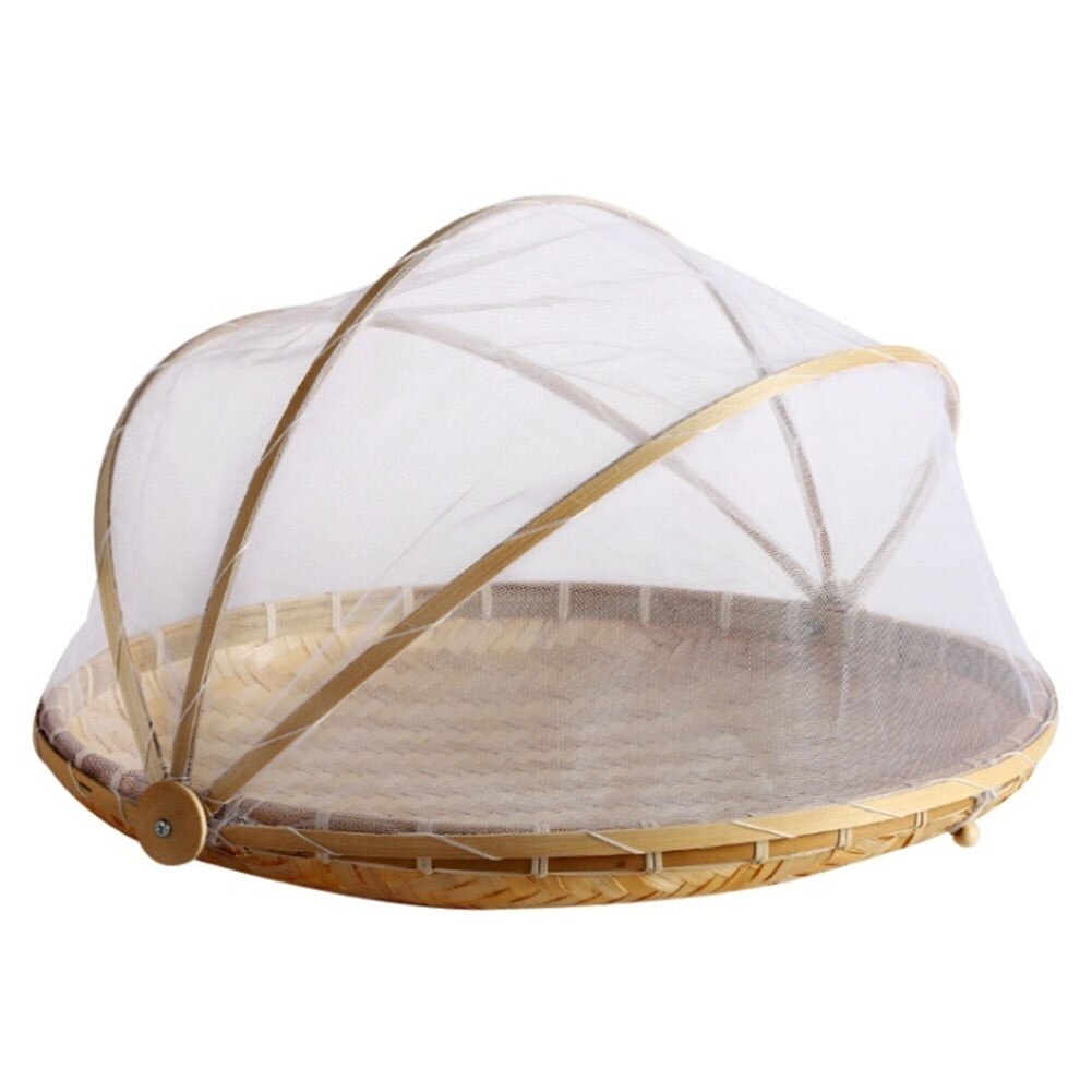 Bambus telt kurv håndvævet bakke anti bug mad frugt beholder netto mesh dækning stil mad dække anti fly myg måltid dække