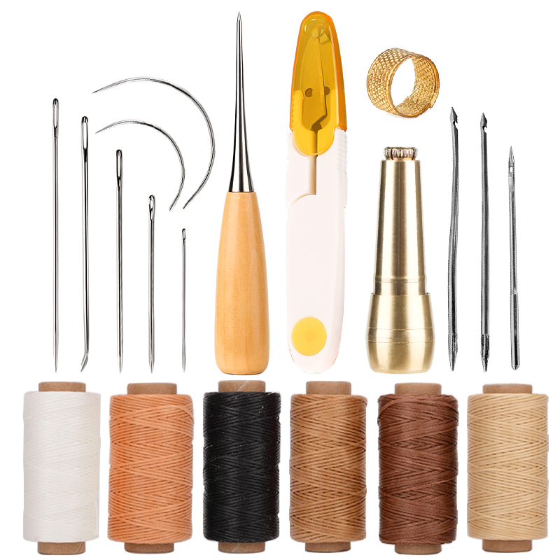 Kit de herramientas de costura de cuero, hilo encerado, tijeras de punzón de cobre para bricolaje, Zapatero de cuero, bolsas, reparación de costuras: A1 Set