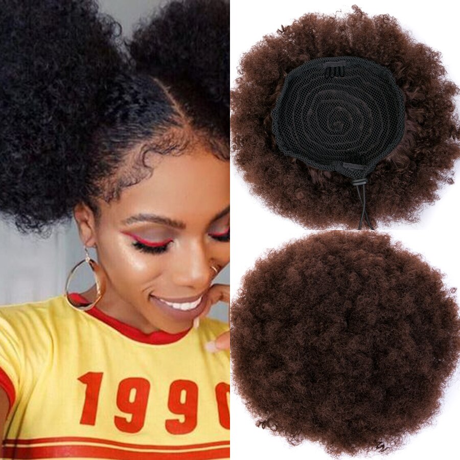 Synthetische Korte Afro Kinky Haar Broodje Hoge Temperatuur Koord Paardenstaart Clip In Hair Extensions Op Bladerdeeg Knot Zwart