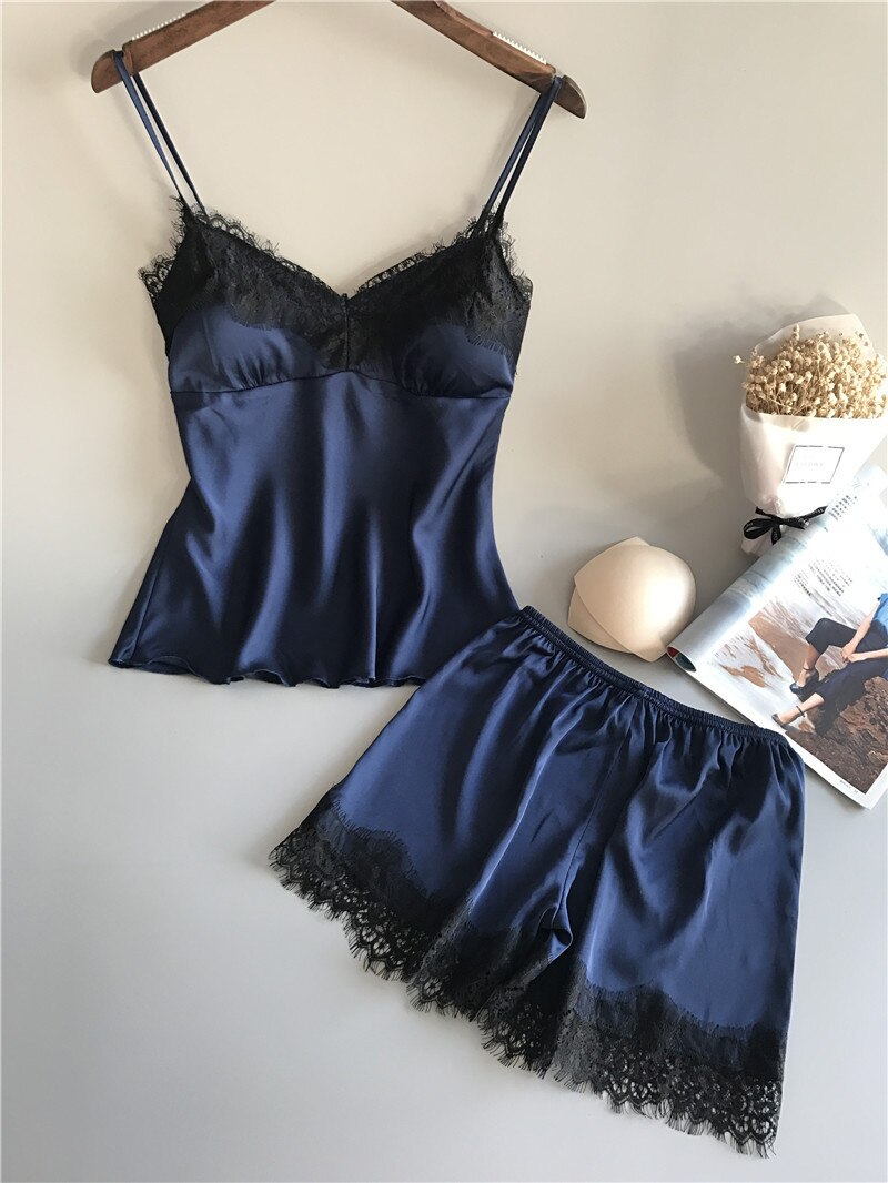 Women Sleeveless Sleepwear Sexy Satin Pajama Set White Lace V-Neck Pyjamas Sleeveless Cute Top and Shorts: Blue / M