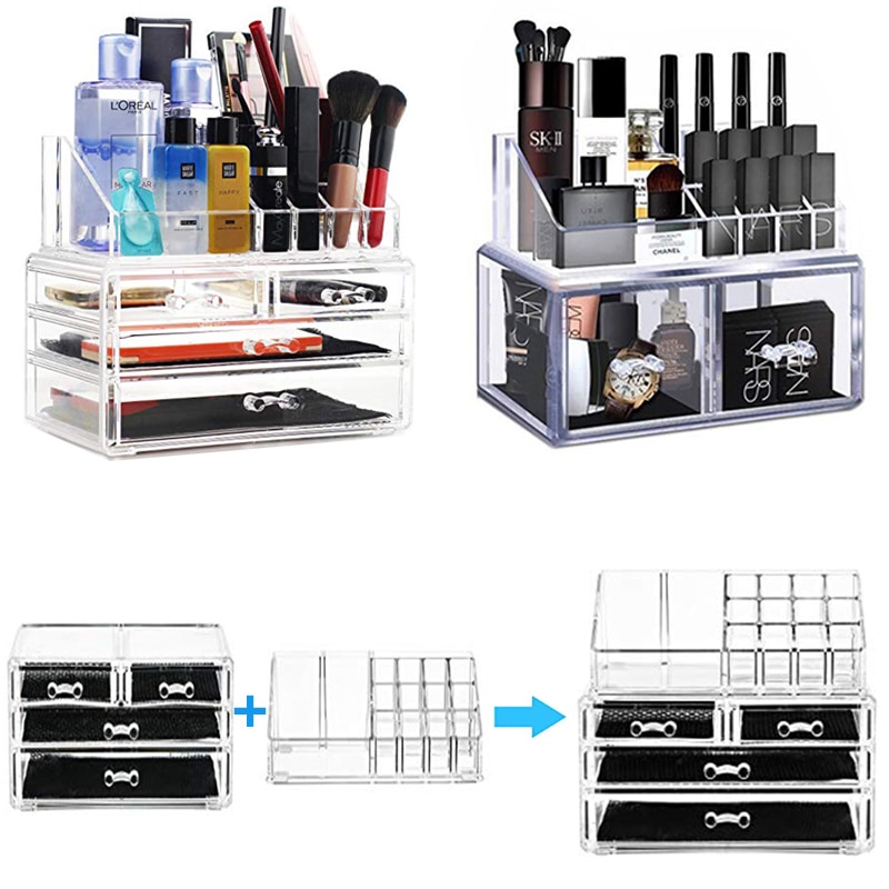 Organizador de maquillaje de doble capa acrílico, caja de almacenamiento de cosméticos transparente, caja de plástico para barra de labios, estante de almacenamiento apilable, Multi-cajón