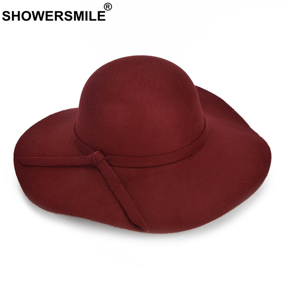 SHOWERSMILE Red Hats For Women Tweed Fedoras Hat Female Large Brim Caps Ladies Bowler Bowknot Autumn Felt Hat Brand