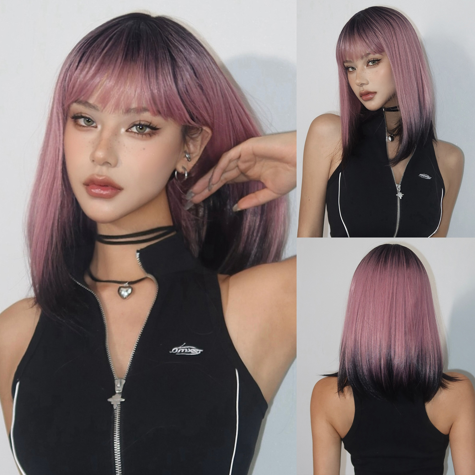 Gerade geschichtete synthetische Perücken Lila Schwarz Ombre Perücke mit Pony Mittellange farbige Cosplay-Perücke für Frauen Hitzebeständige Perücke: Braun