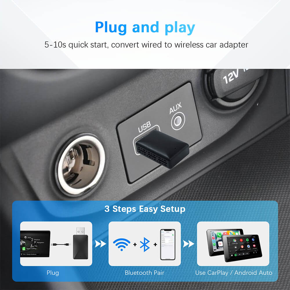 Adaptateur CarPlay Android Auto filaire vers sans fil, stéréo de voiture OEM avec USB Plug and Play, 2 en 1