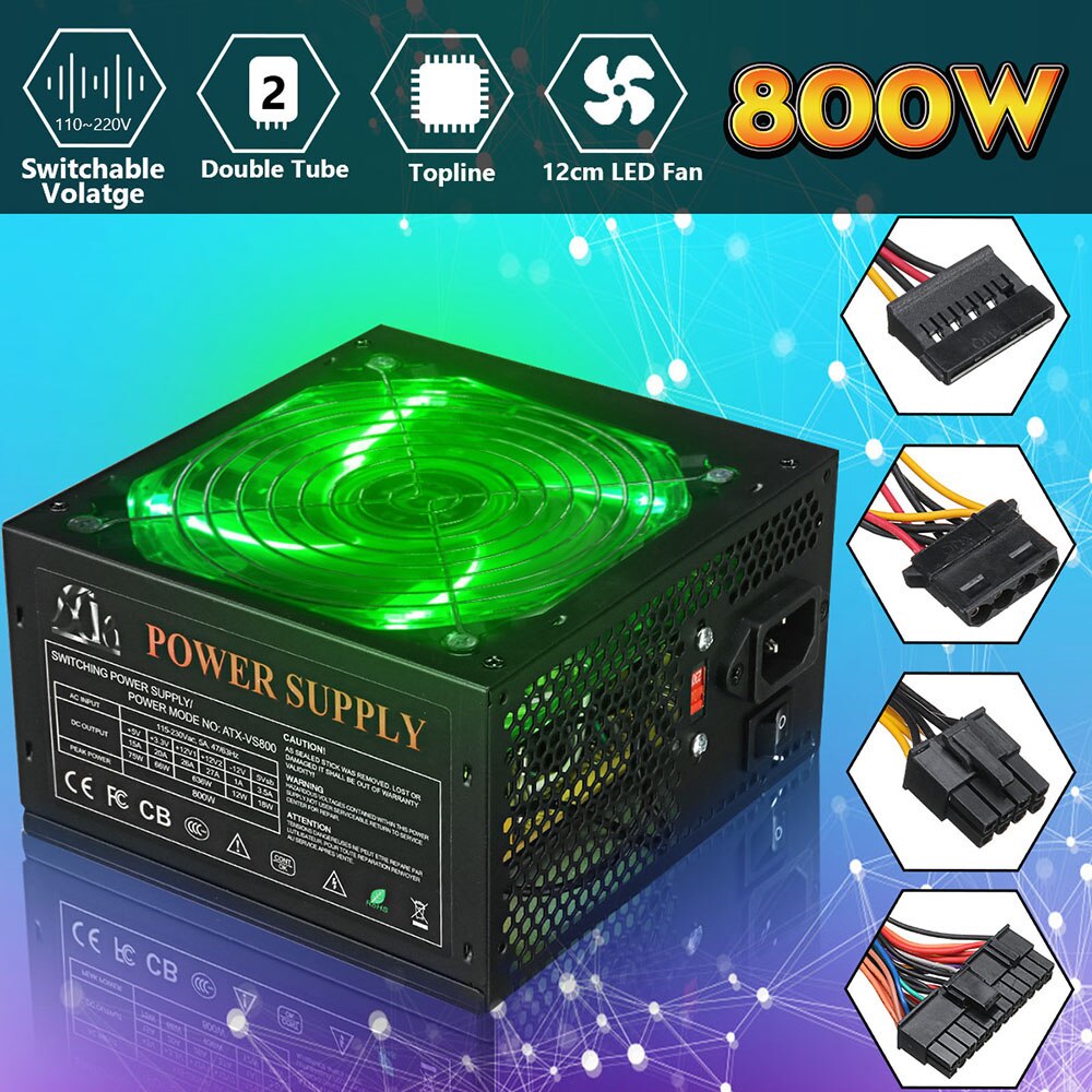 120MM 800W Power-Supply with LEDs Fan Computer 110~220V Manual Switching Voltage Power Supply Peak-power 800W