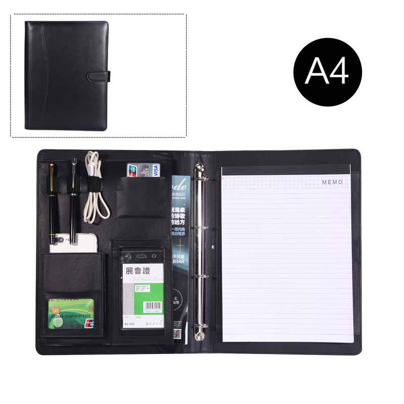 PU artificial leather folder ring binder a4 portfolio for documents padfolio briefcase with notebook cellphone holder 1210C: black A style