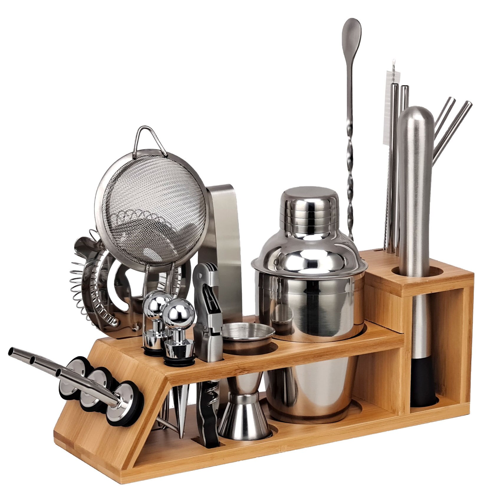 20 piece Cocktail Shaker Set Bartender Kit Stainless Steel Bamboo Weaving Bar Tool Experience for Drink Mixing Cocktail Accessor