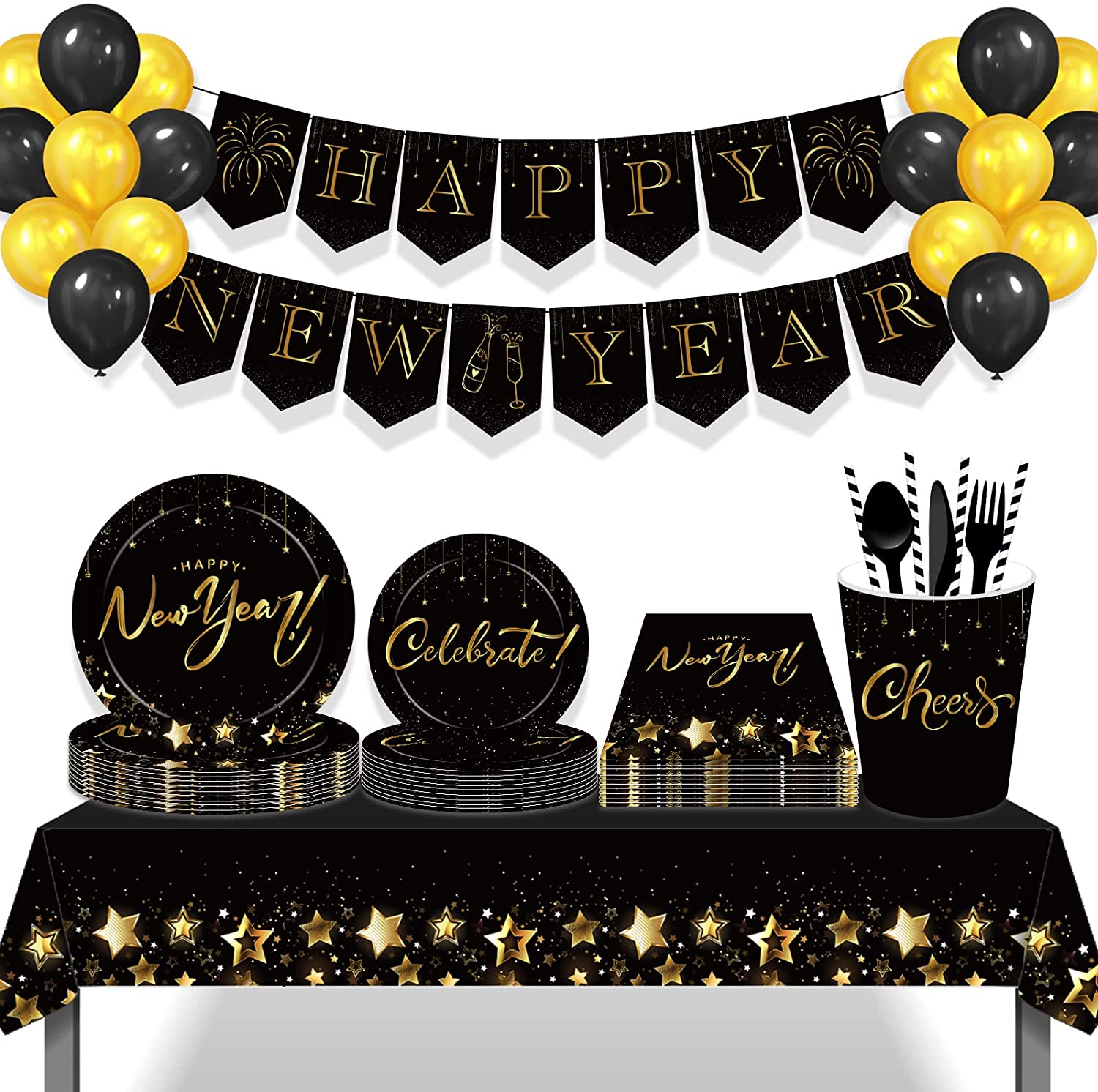 3Packs Black Gold Tablecloth Plastic Disposable Table Covers for Black Gold Theme Party Supplies Birthday Wedding Graduation