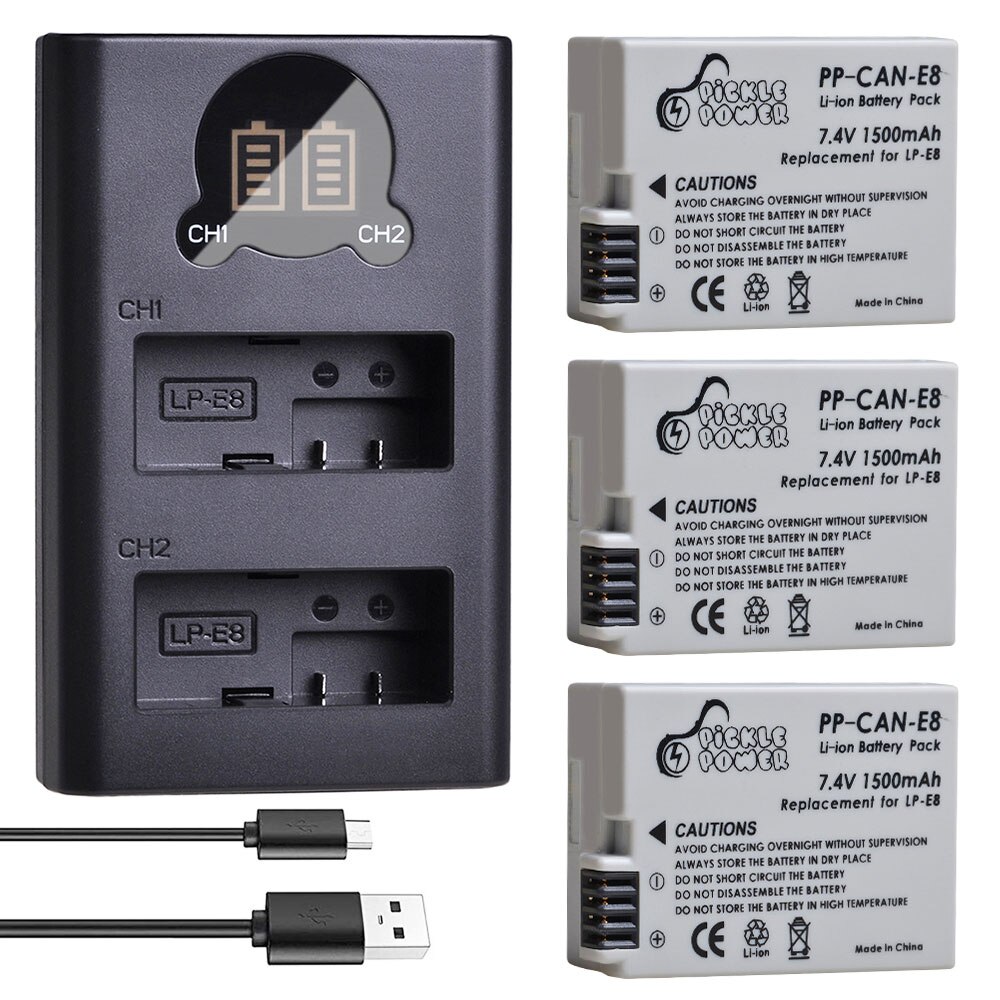 2 uds. LP-E8 LPE8 LP E8 batería recargable y cargador Dual LED para Canon EOS 550D 600D 650D 700D X4 X5 X6i X7i T2i T3i T4i T5i.: Charger and 3Battery