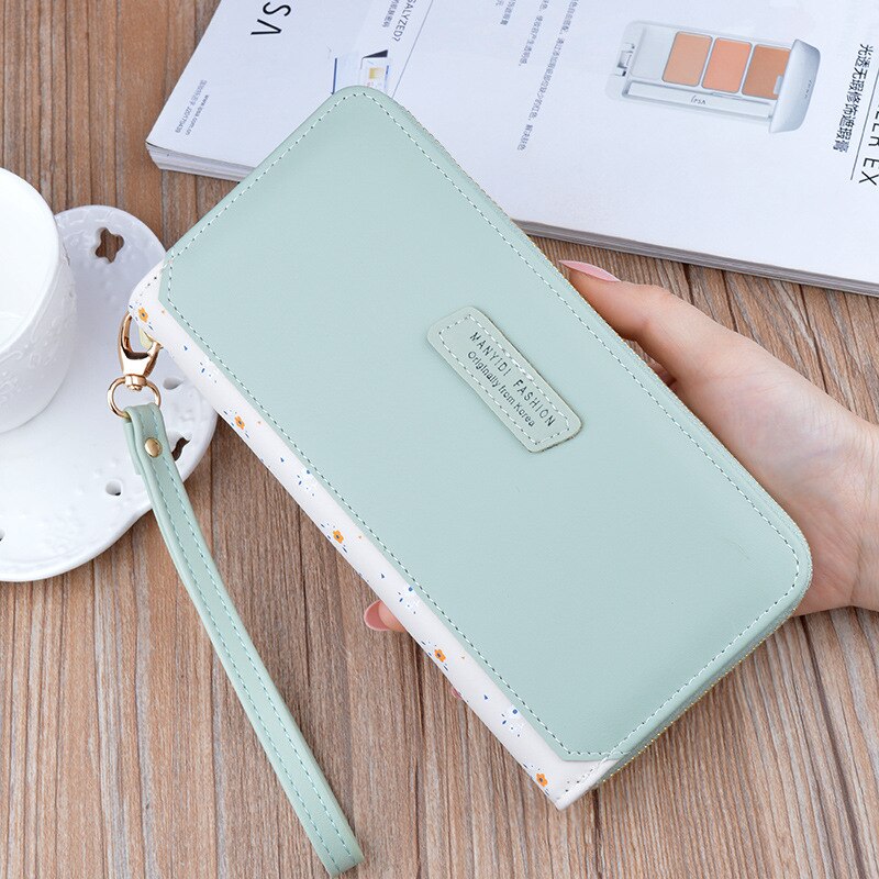 Dames portemonnee lange portemonnee rits handtas koreaanse eenvoudige contrasterende kleur portemonnee grote capaciteit zachte leren mobiele telefoon tas: Groente
