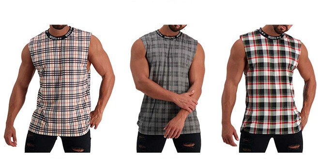 Linne för män hip hop streetwear rutig skjorta ärmlös topp med hög hals t-shirt stringer linne bodybuilding