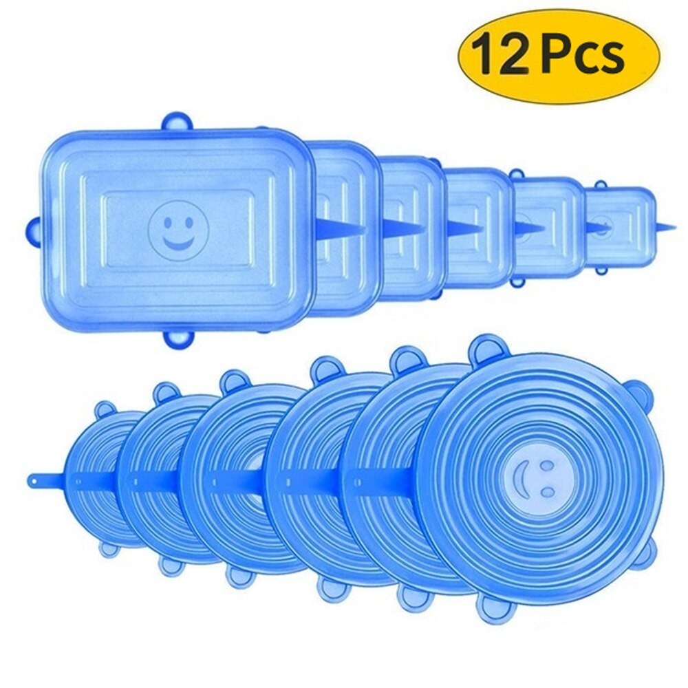 Deik 12 unids/set de tapas de silicona Universal para alimentos tapas de silicona para utensilios de cocina olla reutilizable Stretch tapas para cocina Accesorios: 12PCS Blue