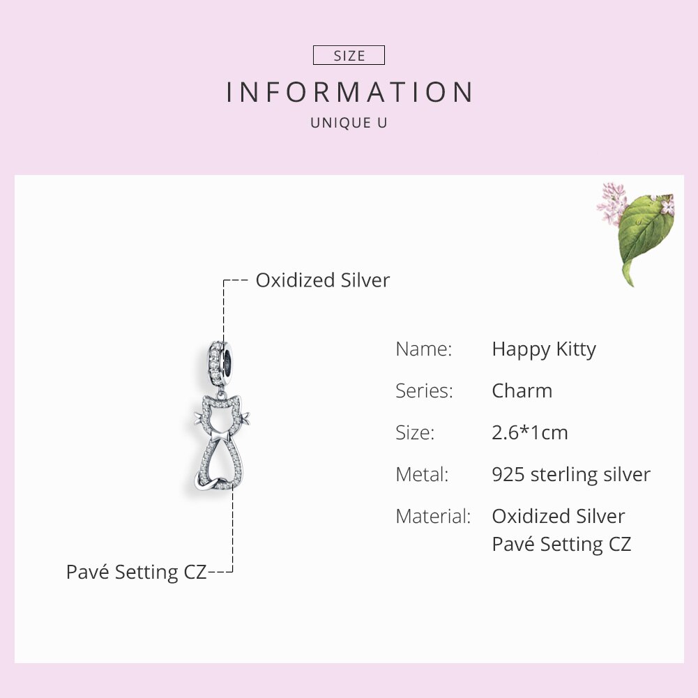 BISAER Cat Pendant 925 Sterling Silver Animal Kitten Pussy Charms Beads fit Bracelets Cubic Zircon DIY Jewelry Making ECC1162