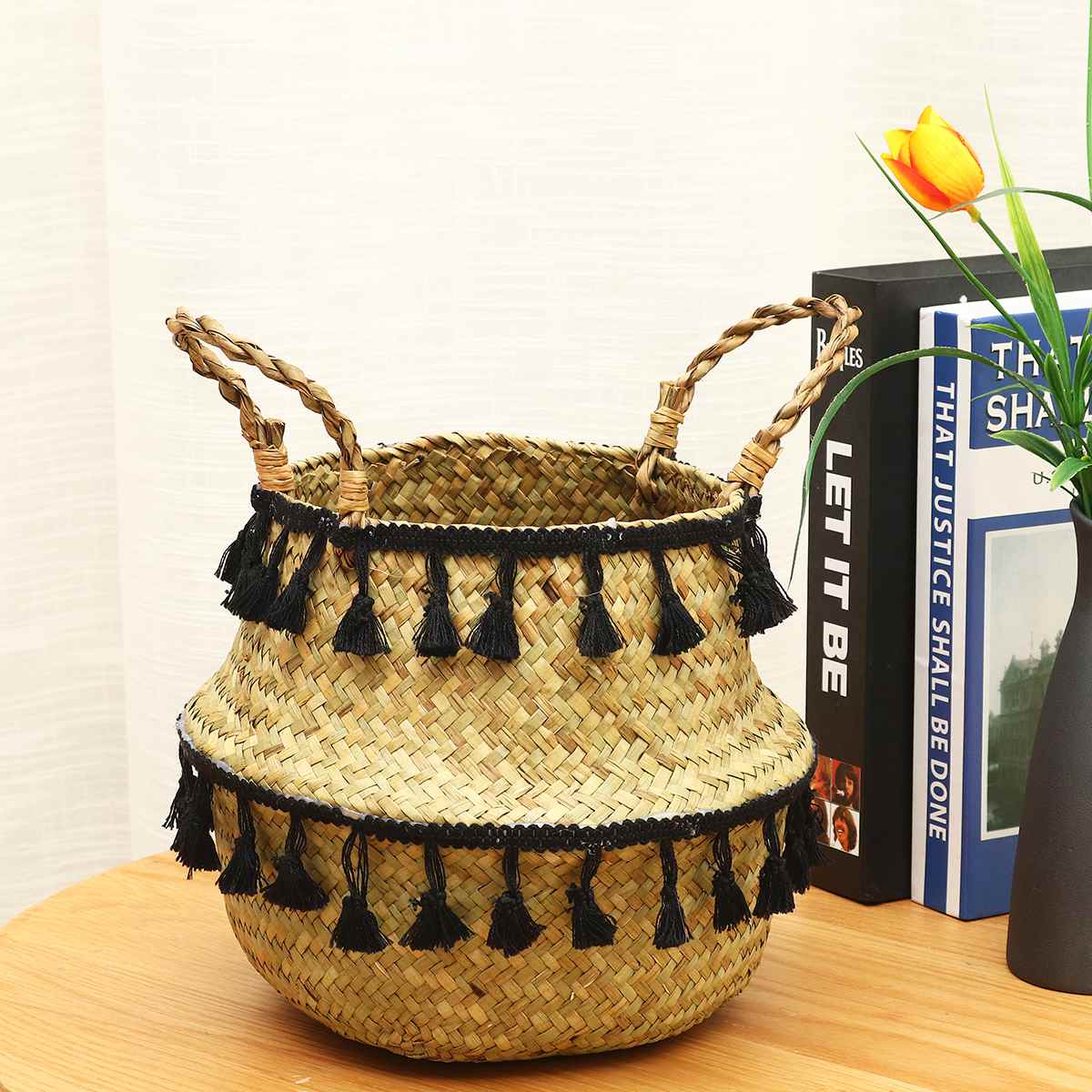 Panier de rangement pliable en osier avec pompon | Pot de fleurs naturel tissé à la maison, panier à linge
