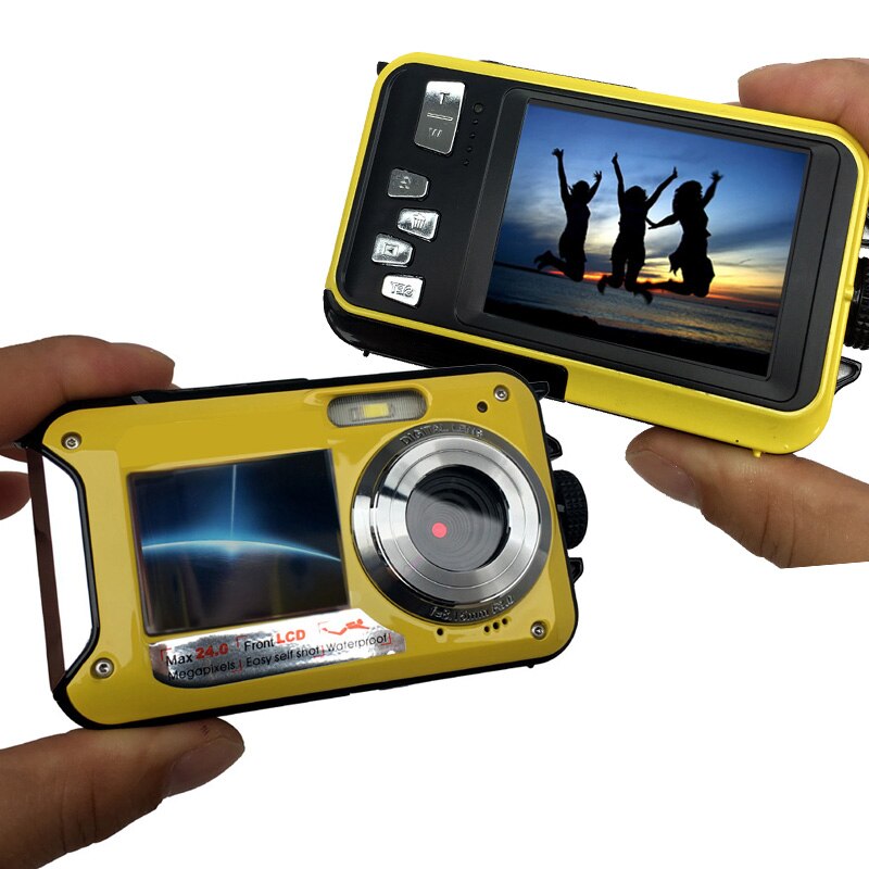 1080P Dual Screen Camera 2.7 inch TFT LCD Digital Camera Waterproof 24MP MAX 16x Digital Zoom Camcorder (DC998): Yellow / with 16GB card