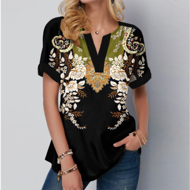 2022 Summer Street Hipster V-neck Personality Print Patchwork Short Sleeve Loose Casual T-shirt Top Women Oversized Tee: XXXL / black
