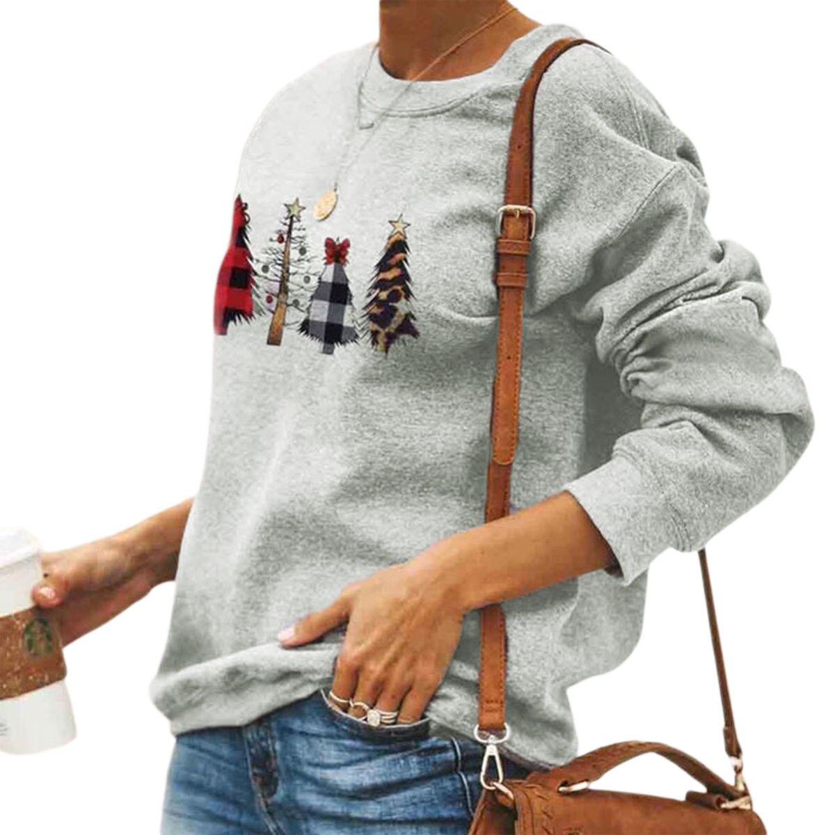 Women Christmas Trees Print Running T-Shirts Round Neck Long Sleeve Sportwear Casual Breathable Tracksuit For Fitness Yoga Gym